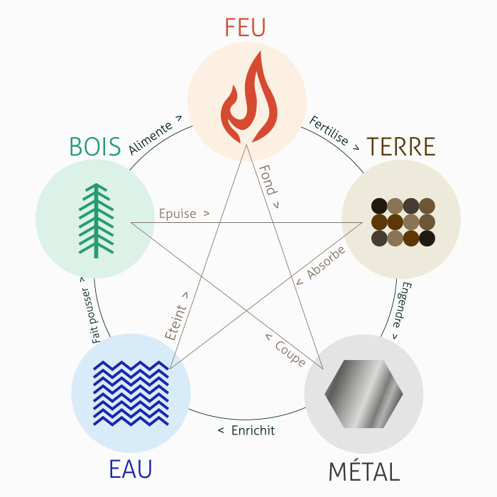 Les 5 éléments du feng shui : eau, métal, bois, feu, terre